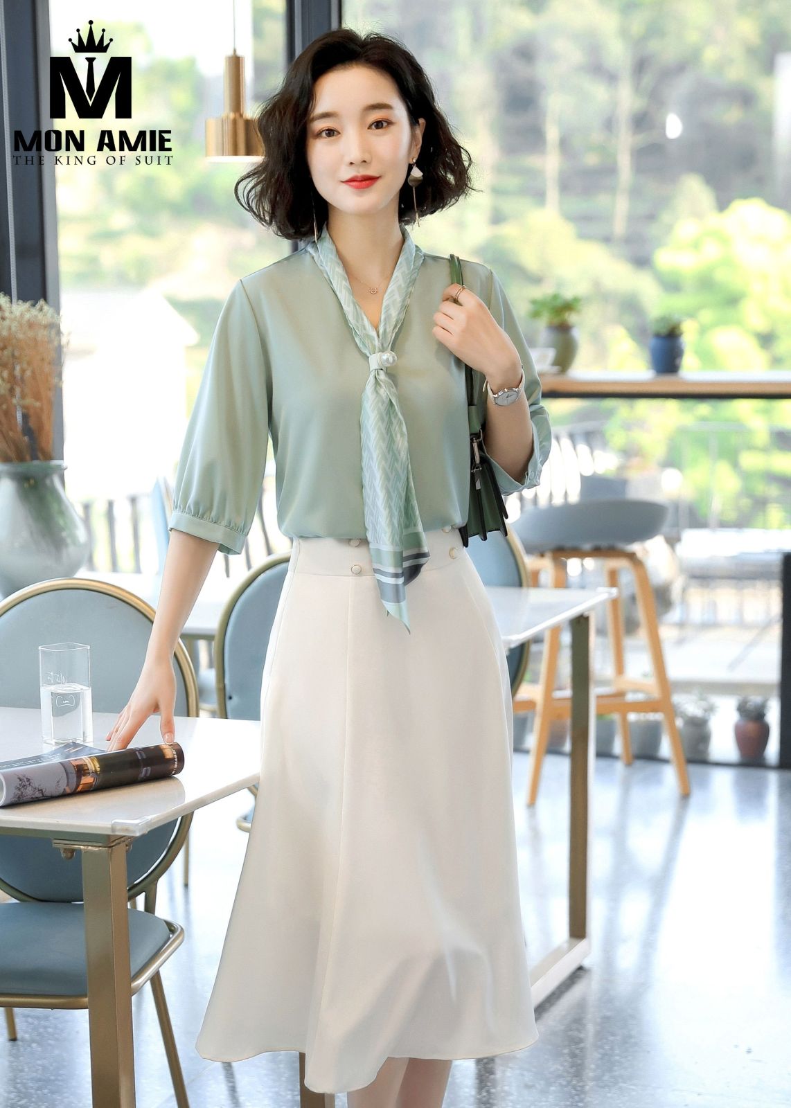 V Neck Mint Chiffon Shirt 